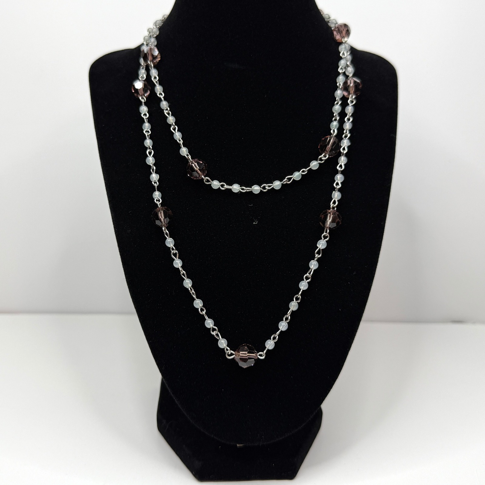 Long Faceted Crystal Beaded Necklace Lilac Frost Beads Silver Tone Chain 18 In L 27$